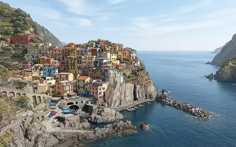 Moderner Architektur-Render zeigt Silhouette von Aussichtspunkt Manarola in Manarola Italien, klare Linien und neutrales Tageslicht - Foto: THN