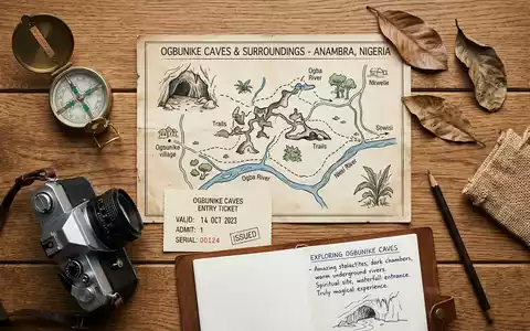 Flatlay-Reise-Arrangement rund um Ogbunike-Hohlen in Ogbunike Nigeria, Karte Kompass Kamera und generische Reiserequisiten - Foto: THN
