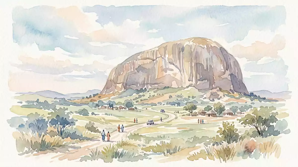 Aquarell-Illustration von Zuma Rock in Abuja, Nigeria als Reiseposter