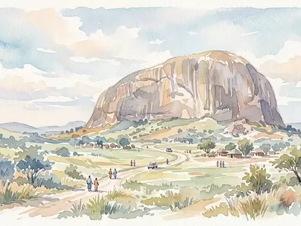 Aquarellillustration des Wahrzeichens Zuma Rock in Abuja Nigeria, weiche Farbverläufe und pastelliges Reiseposter-Feeling - Foto: THN