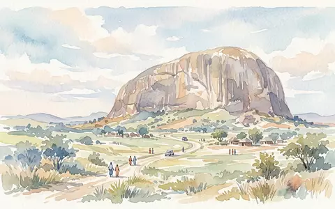Aquarellillustration des Wahrzeichens Zuma Rock in Abuja Nigeria, weiche Farbverläufe und pastelliges Reiseposter-Feeling - Foto: THN