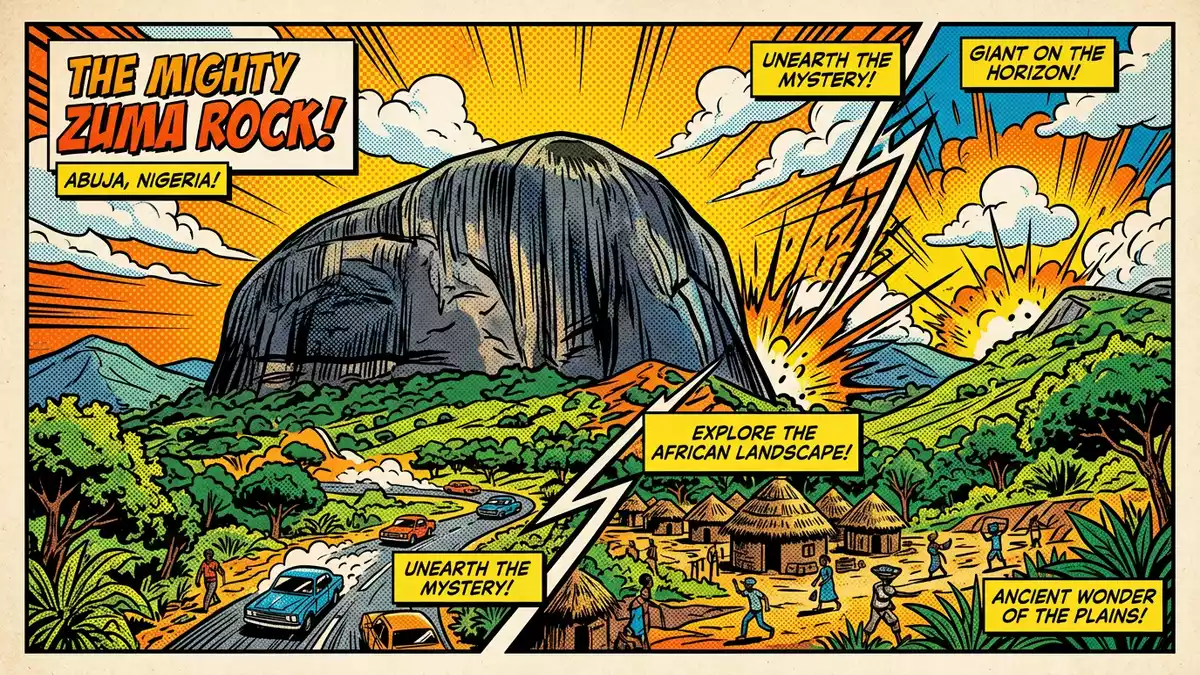 Pop-Art-Comic von Zuma Rock in Abuja, Nigeria mit Rasterpunkten