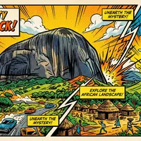 Pop-Art-Comicillustration des Wahrzeichens Zuma Rock in Abuja Nigeria, kraeftige Konturen Rasterpunkte und satte Farben - Foto: THN