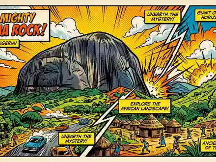 Pop-Art-Comicillustration des Wahrzeichens Zuma Rock in Abuja Nigeria, kraeftige Konturen Rasterpunkte und satte Farben - Foto: THN