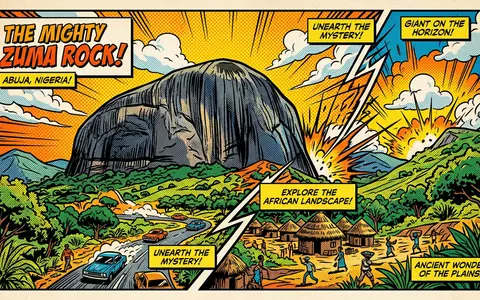 Pop-Art-Comicillustration des Wahrzeichens Zuma Rock in Abuja Nigeria, kraeftige Konturen Rasterpunkte und satte Farben - Foto: THN