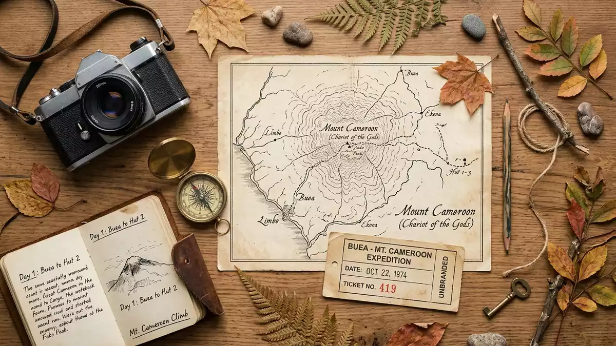 Flatlay-Reise-Arrangement rund um Mount Cameroon in Buea, Kamerun