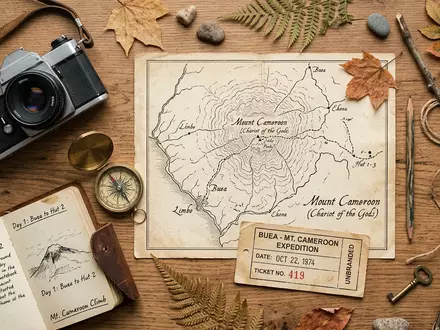 Flatlay-Reise-Arrangement rund um Mount Cameroon in Buea Kamerun, Karte Kompass Kamera und generische Reiserequisiten - Foto: THN