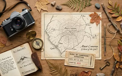 Flatlay-Reise-Arrangement rund um Mount Cameroon in Buea Kamerun, Karte Kompass Kamera und generische Reiserequisiten - Foto: THN