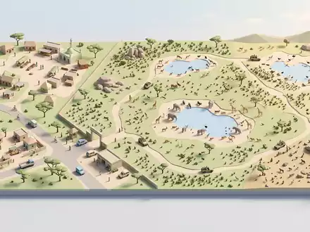 Isometrisches Diorama von Waza-Nationalpark und Umgebung in Waza Kamerun, verspielte Low-Poly-Kulisse in Pastellfarben - Foto: THN