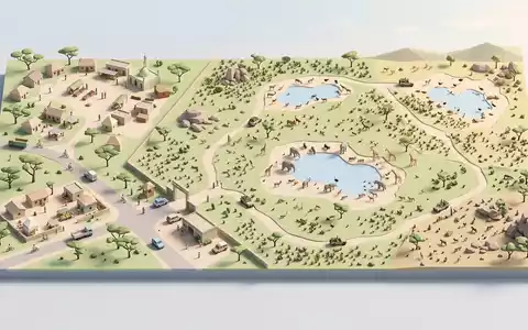 Isometrisches Diorama von Waza-Nationalpark und Umgebung in Waza Kamerun, verspielte Low-Poly-Kulisse in Pastellfarben - Foto: THN