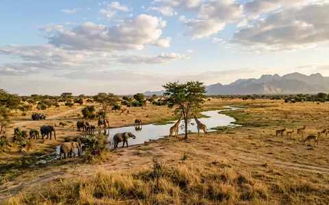 Editorialbild im Reisemagazin-Stil vom Wahrzeichen Waza-Nationalpark in Waza Kamerun, ausgewogene Bildgestaltung und natuerliches Umgebungslicht - Foto: THN
