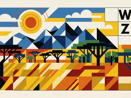 Bauhaus-Poster als geometrische Abstraktion von Waza-Nationalpark in Waza Kamerun, kraeftige Grundfarben und harte Formkanten - Foto: THN