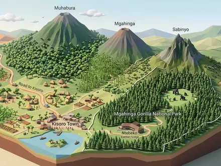 Isometrisches Diorama von Mgahinga-Gorilla-Trekking und Umgebung in Kisoro Uganda, verspielte Low-Poly-Kulisse in Pastellfarben - Foto: THN