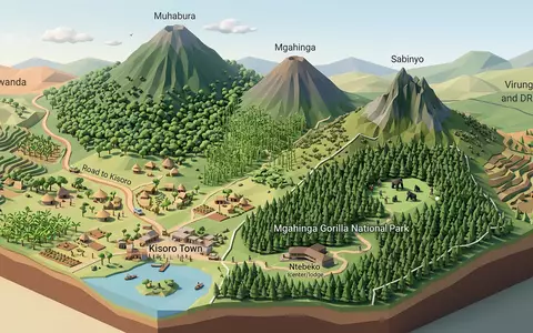 Isometrisches Diorama von Mgahinga-Gorilla-Trekking und Umgebung in Kisoro Uganda, verspielte Low-Poly-Kulisse in Pastellfarben - Foto: THN