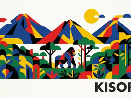 Bauhaus-Poster als geometrische Abstraktion von Mgahinga-Gorilla-Trekking in Kisoro Uganda, kraeftige Grundfarben und harte Formkanten - Foto: THN