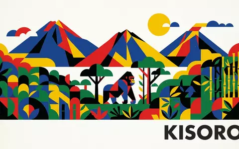 Bauhaus-Poster als geometrische Abstraktion von Mgahinga-Gorilla-Trekking in Kisoro Uganda, kraeftige Grundfarben und harte Formkanten - Foto: THN