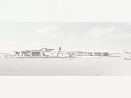 Moderner Architektur-Render zeigt Silhouette von Goree-Insel in Dakar Senegal, klare Linien und neutrales Tageslicht - Foto: THN