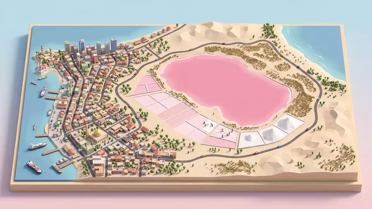 Isometrisches Diorama von Lac Rose in Dakar, Senegal in Pastell