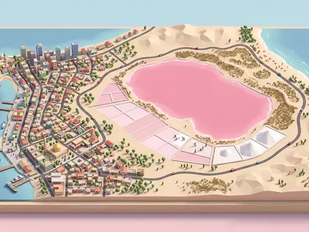 Isometrisches Diorama von Lac Rose und Umgebung in Dakar Senegal, verspielte Low-Poly-Kulisse in Pastellfarben - Foto: THN