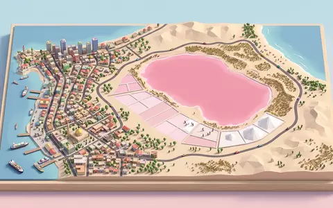 Isometrisches Diorama von Lac Rose und Umgebung in Dakar Senegal, verspielte Low-Poly-Kulisse in Pastellfarben - Foto: THN