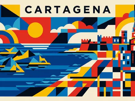Bauhaus-Poster als geometrische Abstraktion von Rosario-Inseln in Cartagena Kolumbien, kraeftige Grundfarben und harte Formkanten - Foto: THN