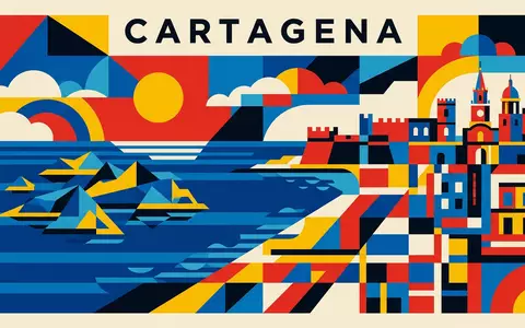 Bauhaus-Poster als geometrische Abstraktion von Rosario-Inseln in Cartagena Kolumbien, kraeftige Grundfarben und harte Formkanten - Foto: THN