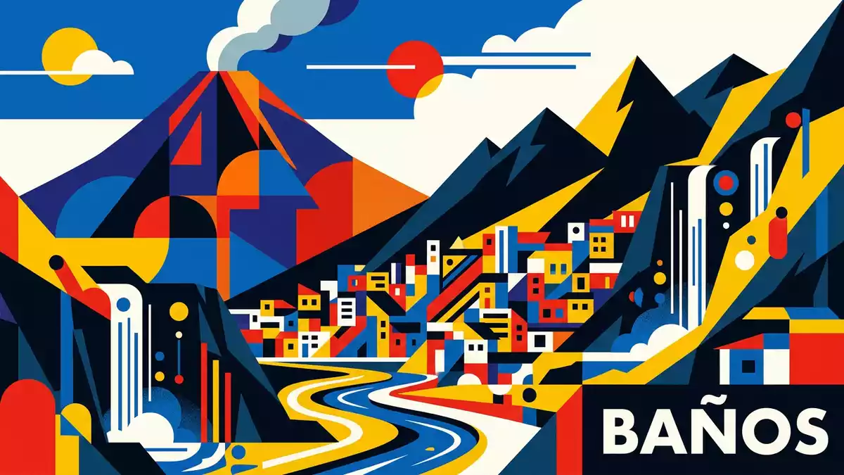 Bauhaus-Poster als Abstraktion von Banos de Agua Santa in Banos, Ecuador