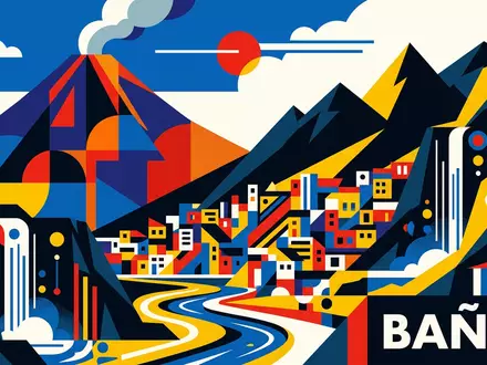 Bauhaus-Poster als geometrische Abstraktion von Banos de Agua Santa in Banos Ecuador, kraeftige Grundfarben und - Foto: THN