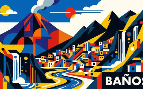 Bauhaus-Poster als geometrische Abstraktion von Banos de Agua Santa in Banos Ecuador, kraeftige Grundfarben und - Foto: THN