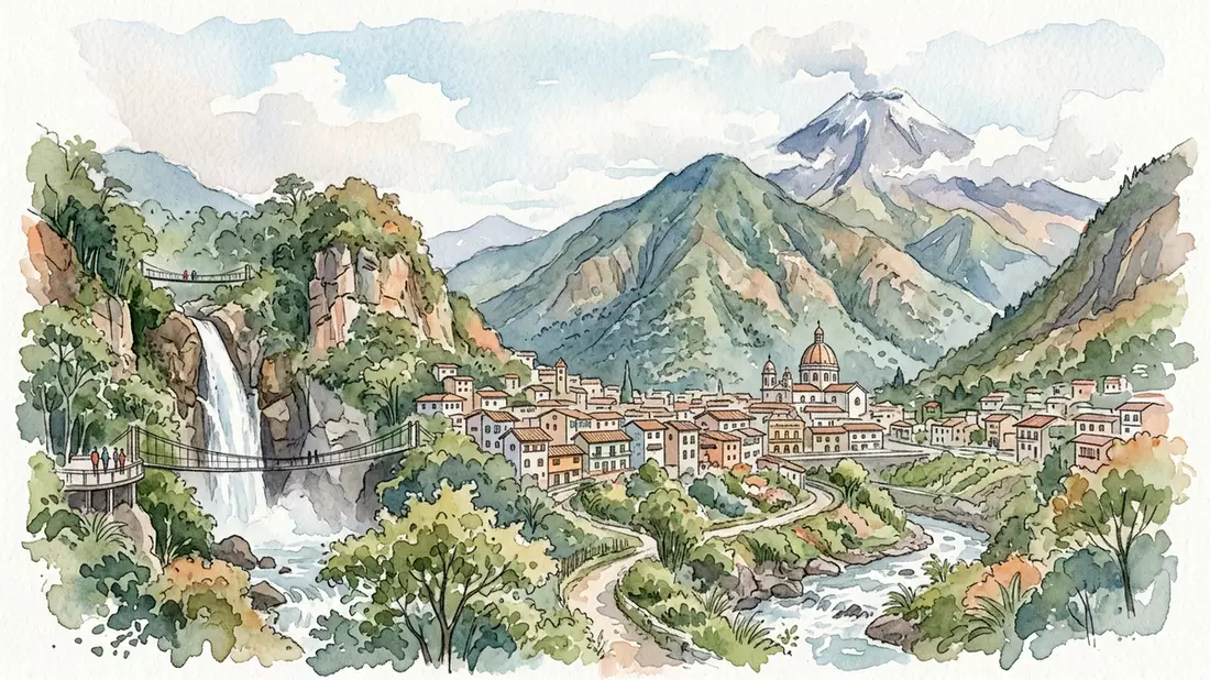 Aquarell-Illustration von Banos de Agua Santa in Banos, Ecuador als Reiseposter