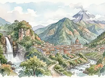 Aquarellillustration des Wahrzeichens Banos de Agua Santa in Banos Ecuador, weiche Farbverläufe und pastelliges Reiseposter-Feeling - Foto: THN