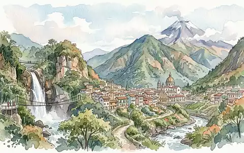 Aquarellillustration des Wahrzeichens Banos de Agua Santa in Banos Ecuador, weiche Farbverläufe und pastelliges Reiseposter-Feeling - Foto: THN