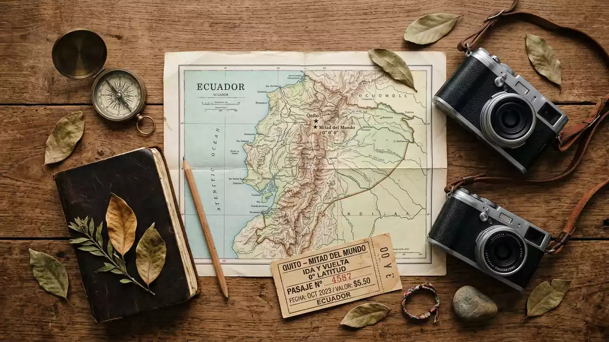 Flatlay-Reise-Arrangement rund um Mitad del Mundo in Quito, Ecuador