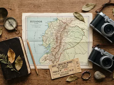 Flatlay-Reise-Arrangement rund um Mitad del Mundo in Quito Ecuador, Karte Kompass Kamera und generische Reiserequisiten - Foto: THN