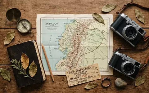 Flatlay-Reise-Arrangement rund um Mitad del Mundo in Quito Ecuador, Karte Kompass Kamera und generische Reiserequisiten - Foto: THN
