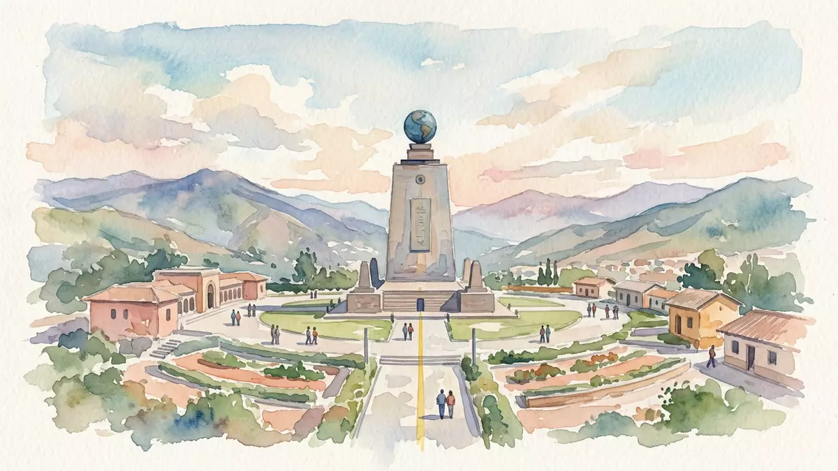 Aquarell-Illustration von Mitad del Mundo in Quito, Ecuador als Reiseposter