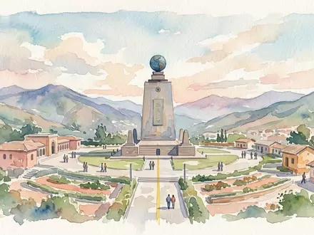 Aquarellillustration des Wahrzeichens Mitad del Mundo in Quito Ecuador, weiche Farbverläufe und pastelliges Reiseposter-Feeling - Foto: THN