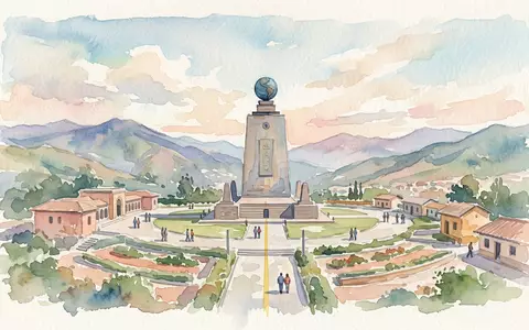 Aquarellillustration des Wahrzeichens Mitad del Mundo in Quito Ecuador, weiche Farbverläufe und pastelliges Reiseposter-Feeling - Foto: THN