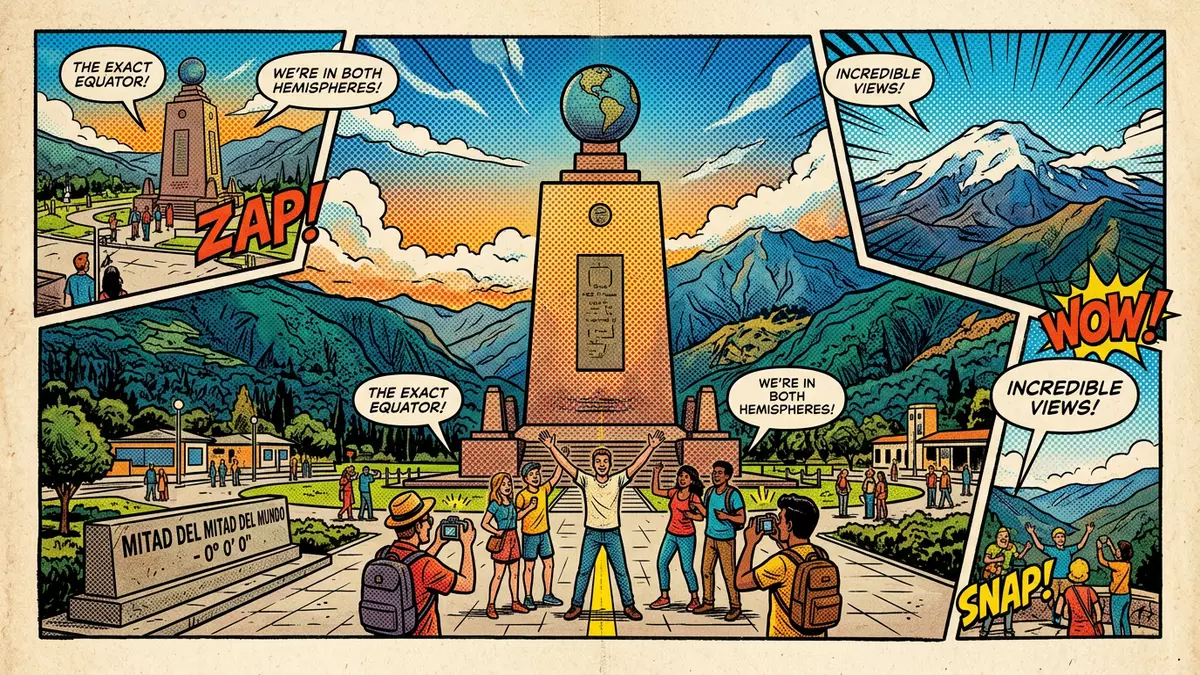 Pop-Art-Comic von Mitad del Mundo in Quito, Ecuador mit Rasterpunkten