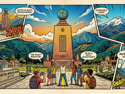 Pop-Art-Comicillustration des Wahrzeichens Mitad del Mundo in Quito Ecuador, kraeftige Konturen Rasterpunkte und satte Farben - Foto: THN