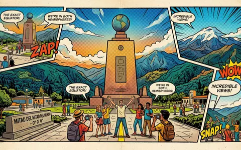 Pop-Art-Comicillustration des Wahrzeichens Mitad del Mundo in Quito Ecuador, kraeftige Konturen Rasterpunkte und satte Farben - Foto: THN