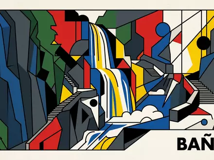Bauhaus-Poster als geometrische Abstraktion von Teufelspforte Banos in Banos Ecuador, kraeftige Grundfarben und harte Formkanten - Foto: THN