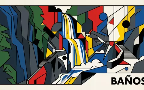 Bauhaus-Poster als geometrische Abstraktion von Teufelspforte Banos in Banos Ecuador, kraeftige Grundfarben und harte Formkanten - Foto: THN