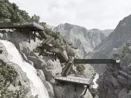 Moderner Architektur-Render zeigt Silhouette von Teufelspforte Banos in Banos Ecuador, klare Linien und neutrales Tageslicht - Foto: THN