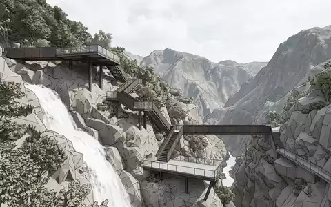 Moderner Architektur-Render zeigt Silhouette von Teufelspforte Banos in Banos Ecuador, klare Linien und neutrales Tageslicht - Foto: THN