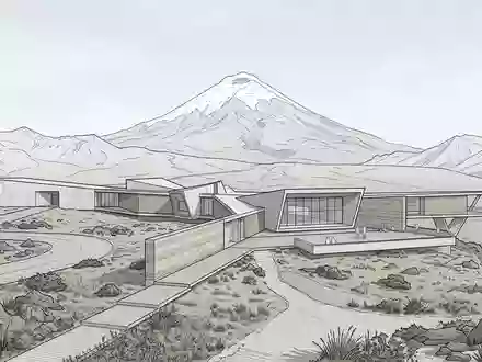 Moderner Architektur-Render zeigt Silhouette von Cotopaxi-Nationalpark in Latacunga Ecuador, klare Linien und neutrales Tageslicht - Foto: THN