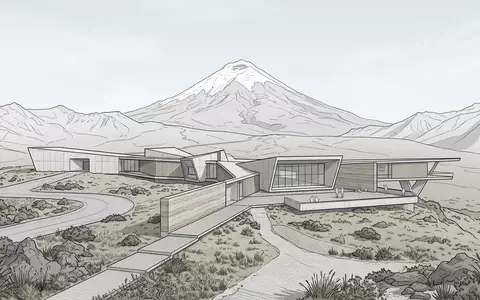 Moderner Architektur-Render zeigt Silhouette von Cotopaxi-Nationalpark in Latacunga Ecuador, klare Linien und neutrales Tageslicht - Foto: THN
