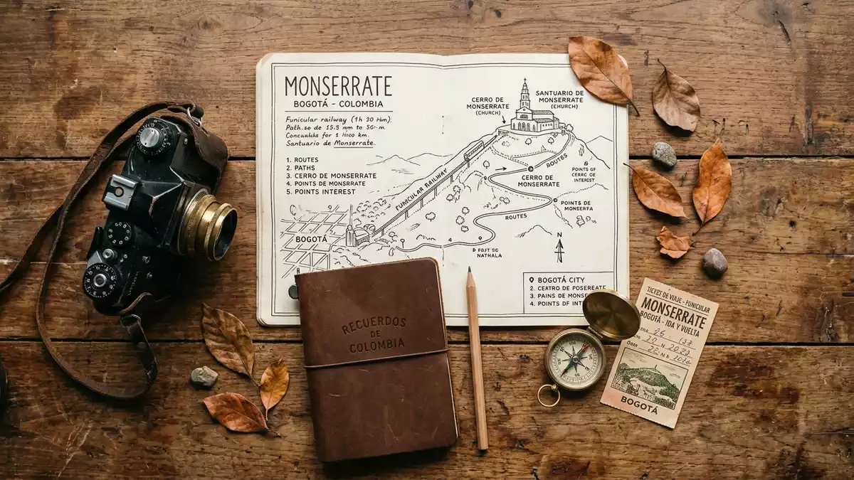 Flatlay-Reise-Arrangement rund um Monserrate Bogota in Bogota, Kolumbien