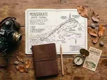 Flatlay-Reise-Arrangement rund um Monserrate Bogota in Bogota Kolumbien, Karte Kompass Kamera und generische Reiserequisiten - Foto: THN
