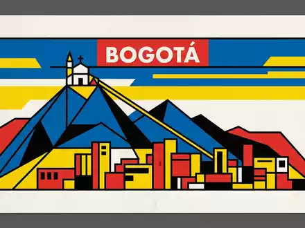 Bauhaus-Poster als geometrische Abstraktion von Monserrate Bogota in Bogota Kolumbien, kraeftige Grundfarben und harte Formkanten - Foto: THN